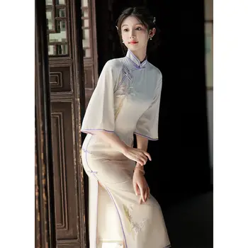 През пролетта на Бял Ретро Чонсам, Подобрено секси вечерна рокля с къс ръкав, Елегантна Ципао с бродерия в китайски стил