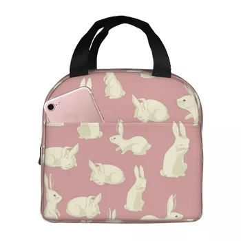 Прекрасна Розова чанта с изображение на заек с шарките на любовта, изолирани чанти за обяд, чанти за пикник, термоохладитель, Обяд-бокс, Чанта за обяд за жени, работа, деца, училище