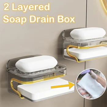 Препарат за съдове за баня Многофункционален двуслойни тава за съхранение на сапун, Сливная полк с поставка за съхраняване на гъби, стенен държач за сапун