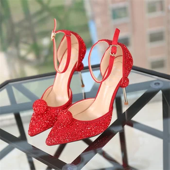 Пролет/Есен 2022, Дамски обувки Червени и Сребристи цветове, Модни Дамски обувки за Сватба-лодка с остри пръсти и украса под формата на кристали с Тясна лента и катарама