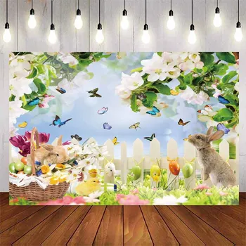 Пролетната градина Великден фон за снимки на децата Дървена ограда Цветни Яйчен белтък Цъфтят Цветя Декор за фото студио Фон Подпори
