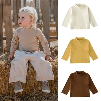 Пролетно-есенни основни тениски за по-малките момчета и момичета, памучни тениски за бебета, обикновена тениска с високо воротом и дълги ръкави