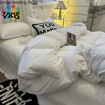 Прост комплект спално бельо в корейски стил, в два цвята чаршаф от полиестер, двойно легло пълен размер Twin, Плосък чаршаф, Чаршаф, Калъфки за възглавници