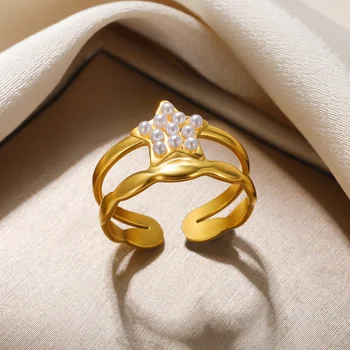 Пръстен с Корейски перли във формата на звезда За жени Златист цвят от неръждаема стомана, Отворени Регулируеми пръстени, Мода декорация, Сватбени Подаръци на Едро