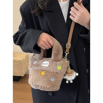 Пухкави дамски чанта С цветни бутони и апликации, чанти с плюшени дръжки, Скъпа мека дамска чанта през рамо, женствена чанта през рамо