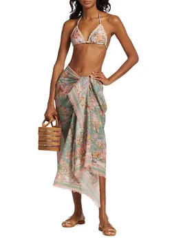 Пълномаслено бикини с флорални принтом и наметало за жени, бански костюми с Парео, плажни дрехи, 2023