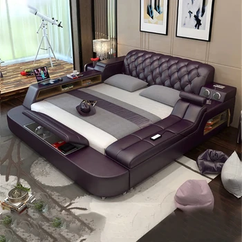 Рамка на легло от естествена кожа, Меки Легла, масажор, сейф за съхранение, тонколони, led осветление, Спалня cama muebles de dormitorio / camas quarto