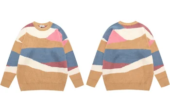 Ретро s Хип-хоп цветни вязаный пуловер в стил мозайка с цветен блок, есенни ежедневните Свободни джъмпери, пуловер