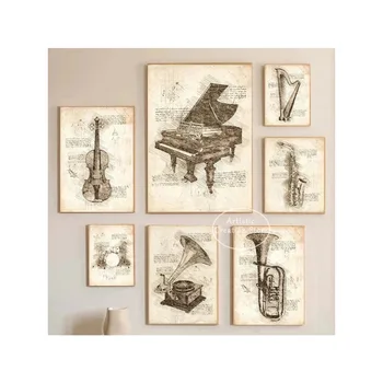 Ретро инструмента, саксофон, тромпет, Китара, Стар роял, плакатные щампи, стенни рисунки върху платно, стенно изкуство за всекидневната, Домашен декор