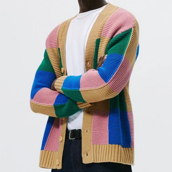 Ретро мъжки пуловер в стил мозайка, жилетка, ежедневни однобортная вязаная сако с V-образно деколте, есенно-зимни мъжки модни пуловери с цветни блокчета