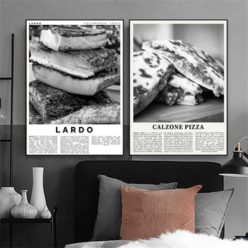 Ретро плакат с пица Кальцоне, живопис върху платно, черно-бели щампи, стенно изкуство за кухня, Месо храна, декор за домашно хранене.