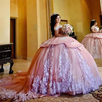 Розова блестяща рокля с открити рамене, пищни рокля, бална рокля, бельо вечерна рокля на принцеса с 3D цветен аппликацией.