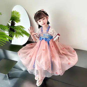 Розова рокля с бродерия на цветя за момичета, китайската древна традиционни дрехи, детски народен танц Ханфу