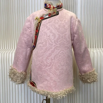 Розова Тибетски дрехи, леко яке с памучна подплата в китайски стил, зимно утепленное палто с памучна подплата за момичета