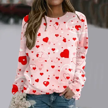 Розови Дамски Блузи hoody с принтом на Сърцето, по-Големи размери, Красиви върхове на Свети Валентин, дамски спортни Зимни Пуловери, тениски