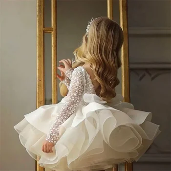 Рокля за момичета, елегантна празнична рокля с дълъг ръкав на сватбена бебешка рокля с кружевными пайети за момичета 3-10 години