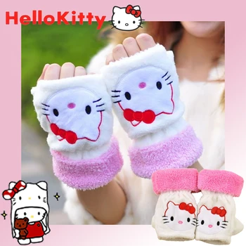 Ръкавици Hello Kitty За Момичета От полупальцами, Ръкавици За Езда, Мультяшные Зимни Плюшени Студентски Детски Мини Ръкавици На Един Пръст