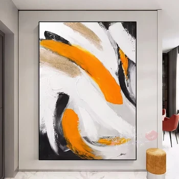 Ръчно рисувани с маслени бои, оранжево, черно, бяло, абстрактен минимализъм, художественото оформление на стените, хол, спалня, голяма веранда, стенни картини по поръчка