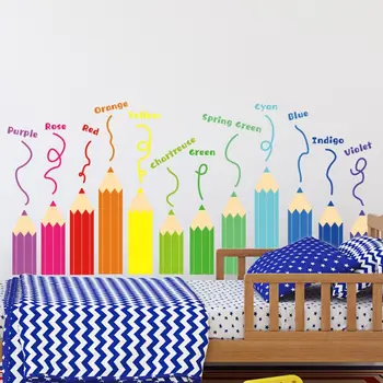 Самозалепващи етикети светло пастели, цветни cartoony речник на английския език, етикети с цветни моливи, водоустойчив фон на Стената