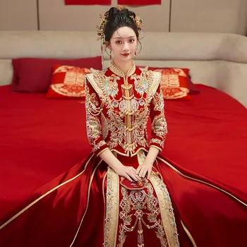 Сватбена Рокля За младоженци В Китайски Стил Xiuhe Tang Suit Определя Дълги Дрехи Рокли Китай Women Qipao Dress