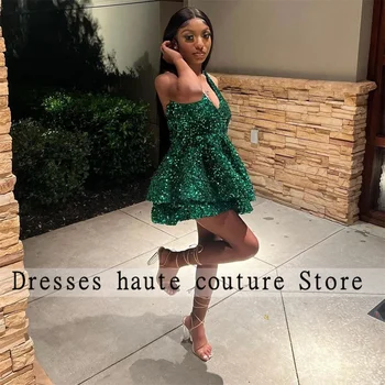 Секси зелени кадифени къси рокли с пайети за бала 2023, коктейлни мини рокли за черни момичета рокля за бала в Африканския стил с отворен гръб