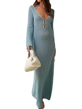 Секси Плажна рокля-Наметало в стил Бохо, Вязаное на една Кука, Сексуална Прозрачно Макси рокля с Выдалбливаемым Трикотажным дизайн - Дълга рокля В стил Y2K