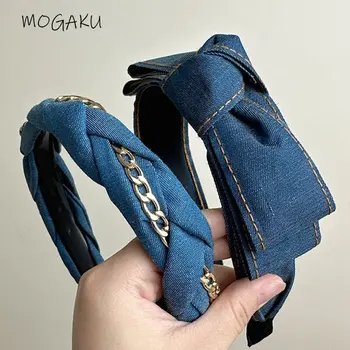 Сини дънкови превръзки MOGAKU, дамски Летни Модни ленти за коса с лък, метални шапки Chian, ежедневни аксесоари в корейски стил за момичета