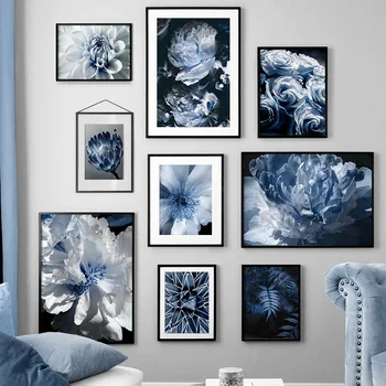 Синьо-бели Цветя, Роза, Листа от Папрат, Стенно изкуство върху платно, постери на скандинавскую тема и щампи, стенни картини за вашия интериор дневна