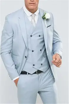 Скай-сини мъжки костюми с изрезки на лацканах, смокинги за младоженеца, сватбени костюми за мъже, 3 предмета (яке + панталон + елек + вратовръзки-пеперуда) Костюми за младоженеца по поръчка