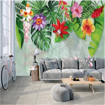 Скандинавските тапети с ръчно рисувани, Тропически гори, бананови листа, Цветна градина, стенописи, тапети за хола, стени спални, 3D