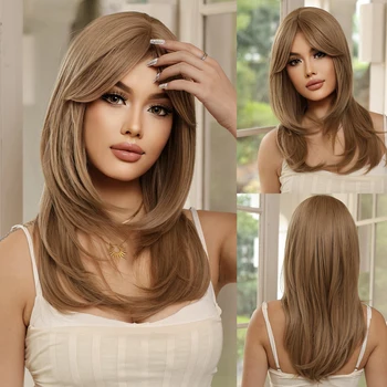 Смесен кафяв блондинистый синтетичен дълга права многослоен перука от естествена коса, перуки за cosplay с бретон за жени, афро-топлоустойчиви