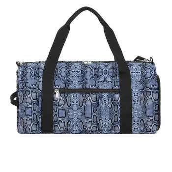 Спортна чанта от син деним змийска кожа с винтажным принтом за мъже и жени, водоустойчива чанта за плуване, чанта за фитнес