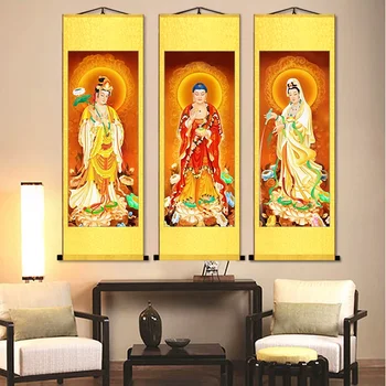 Статуя на Буда три Светиите в западен стил с висока разделителна способност, изключителна религиозна украса от коприна Фън шуй, картината под формата на свитъци, подарък