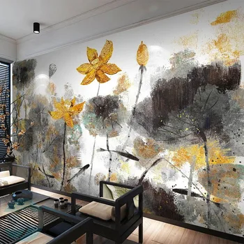 Стенни тапети размер, спирала, в китайски стил, Златен лотосов цвят, декоративна живопис, на фона на телевизор в хола, 3D стенописи