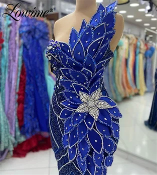 Стилна вечерна рокля Кралския син цвят, рокли за абитуриентски бал с диаманти и 3D-листа Русалка 2024, сватбени рокли с кристали Aso Ebi, дълги