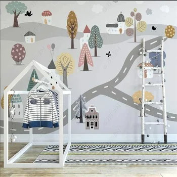 Тапети Grey Forest 3d Стенопис Small House Road Свежи тапети на хълма за детска стая Домашен интериор на детска стая