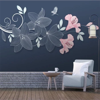 тапети по поръчка beibehang 3D голяма фреска малки свежи светли луксозни цветя и птици, растителни фон на стената на хола фотообои