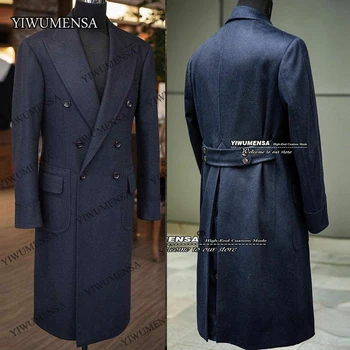 ТемноСиний официален мъжки костюм, сако, сшитое на поръчка Двубортное палто, Твидовое вълна палто-тренч, дълга бизнес на горно облекло, блейзър