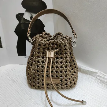 Тканая чанта-кофа, дамски модерна чанта, тканая чанта през рамо от естествена кожа, луксозна чанта през рамо с две плечевыми ремъци.