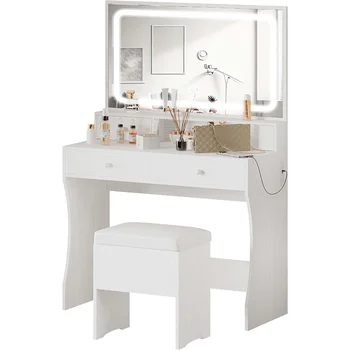 Тоалетка IRONCK с огледало и розетка с led осветление, тоалетка за грим с 4 чекмеджета, пейка за съхранение