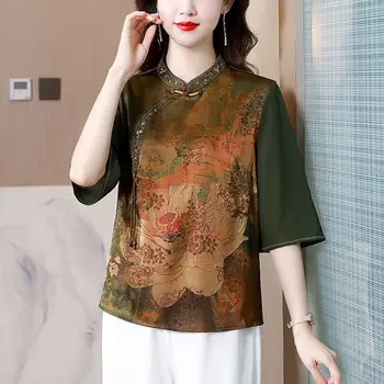Традиционната Китайска Дрехи Дамски Плюс Размер Чонсам Върховете 2023 Есенни Памучни Щампи Срастване Следа костюм Дамски Ризи