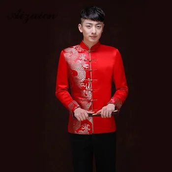 Традиционната китайска облекло за мъже, сватбен древния костюм на Дракона, върхове Чонсам, Туника с дълъг ръкав, с костюм, мъжки дрехи