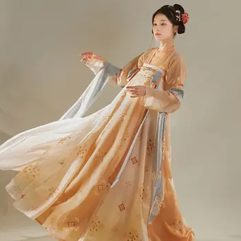 Традиционното женско хубава рокля Hanfu в китайски стил, реколта рокли принцеса с флорални принтом, дамски елегантни етап изпълнения, комплект от 3 теми
