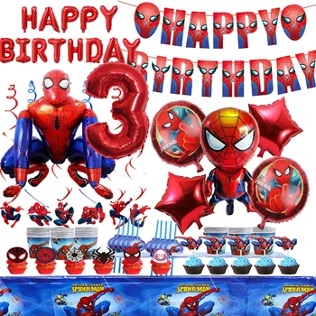 Украса за парти в чест на рождения ден на Човека-паяк, балони, знамена, чаши, прибори за хранене в стил паяк, аксесоари за партита за момчета, подаръци за деца
