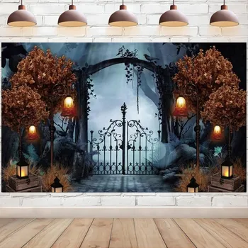 Фон за Хелоуин Гробището на ужасите Железни врата Страшен фон за снимки Украса на парти Декор на стените, за да проверите за фото студио