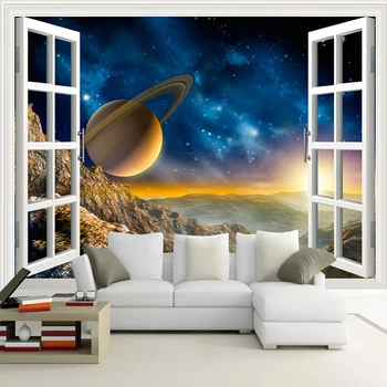 Фотообои по поръчка на 3D През прозореца Пейзаж на Планетата рисувани Стенни Диван за хола ТЕЛЕВИЗИЯ Фон Тапети за стените, спални 3D