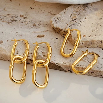 Франция Ретро Златен цвят, двуслойни обеци-пръстените на U-образна форма, овална метална верижка от неръждаема стомана, обтегач за уши Huggie, женски накити, новост 2024 г.