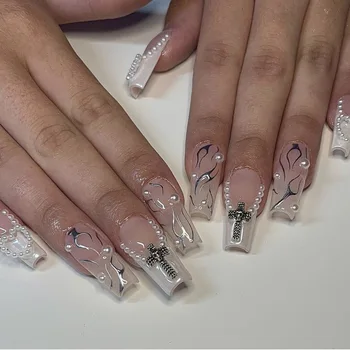 Френските въздушни ноктите с 3D-перлата на дизайн, мода момиче, нажимающая ноктите, пълно покритие, Носимые Подвижни дълги изкуствени нокти във формата на ковчег