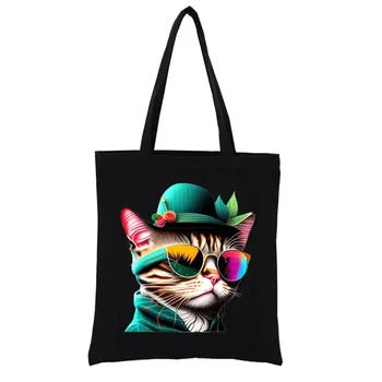 Холщовая пазарска чанта Танцуващата котка със слънчеви очила и шапка, еко-чанта, ежедневни чанти, дамски чанти, тъкани мъкна, забавна плат за пазаруване