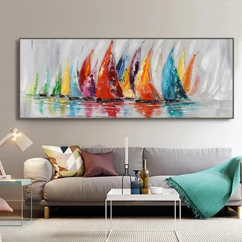 Цветна картина с маслени бои с ветроходна лодка, 100% ръчно рисувани, платно, кану-каяк, картини с маслени бои, голям размер, стенно изкуство за декор за съвременна всекидневна